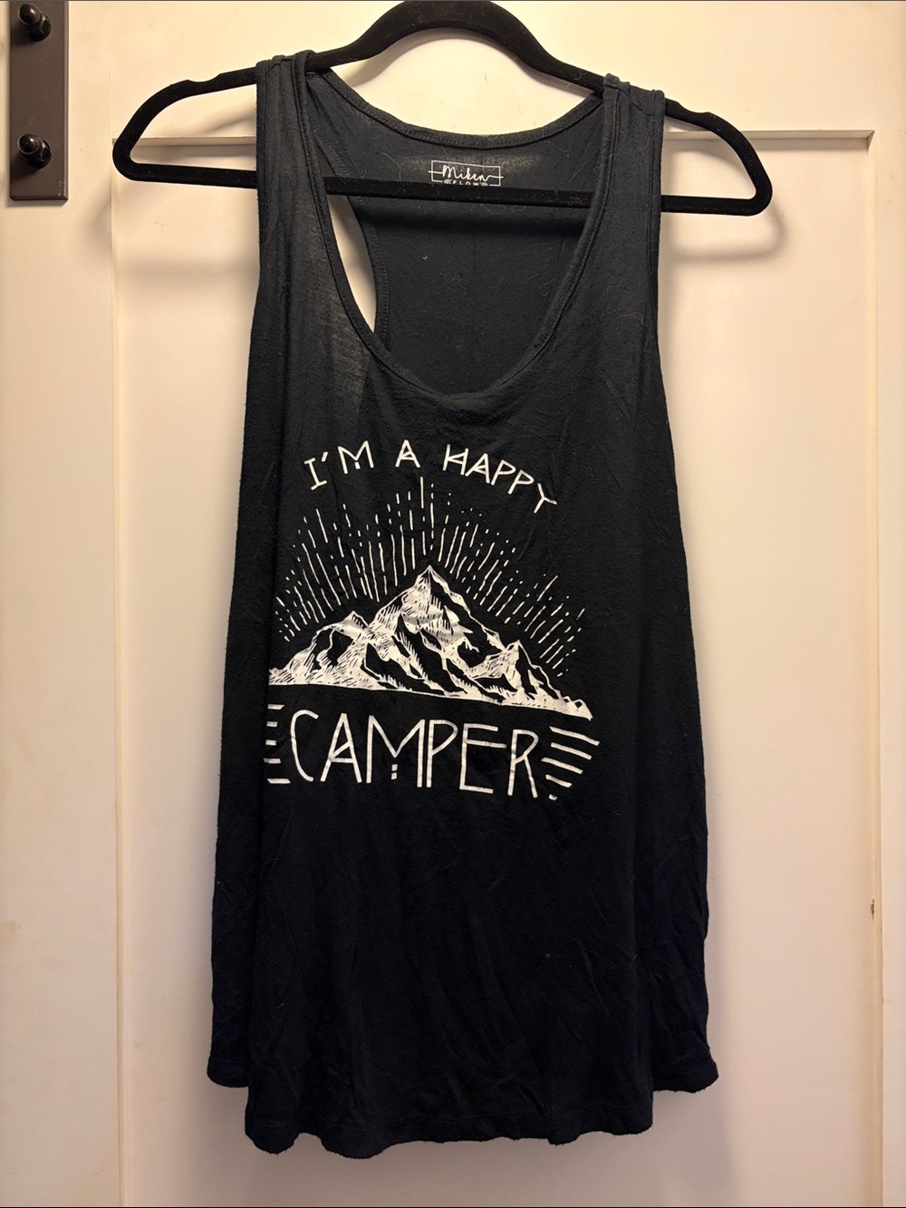 Miken Black Tank with White Mountain 'I'm a Happy Camper' Graphic